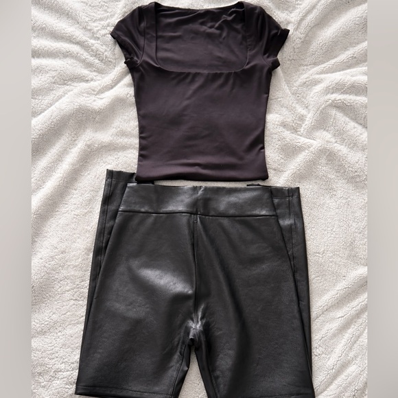 Honeylove Other - Black Faux Leather Leggings with Dark Brown Top